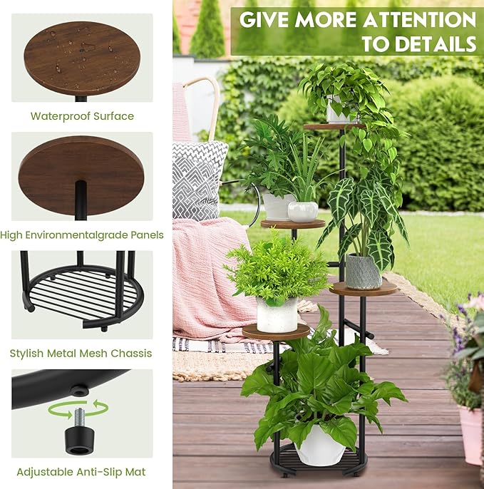 TOSKING 5 Tier Metal Plant Stand Indoor， Plant Shelf, Corner Shelf Flower Pot Stand for Outdoor Plant Stand for Living Room Balcony Garden Patio Bedroom (Black and Brown, 42in)