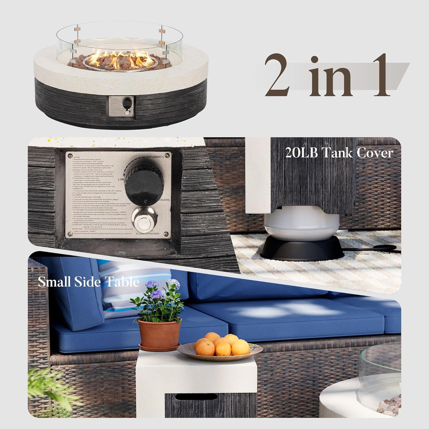 COSIEST 42" Outdoor Propane Fire Pit Table w Tank Cover & Wind Guard, Round Gas Fire Pit Table with Concrete & Wood Grain Design, 50000BTU CSA Certified Fire Tables for Patio, Backyard, Garden