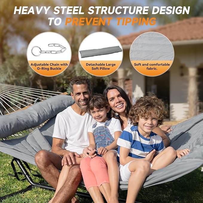 2 Person Outdoor Hammock with Stand, Cotton Rope Hammock with Polyester Pad, Adjustable Steel Frame, Portable with Carrying Bag – for Patio, Backyard, Garden, Beach, Urban-Gray