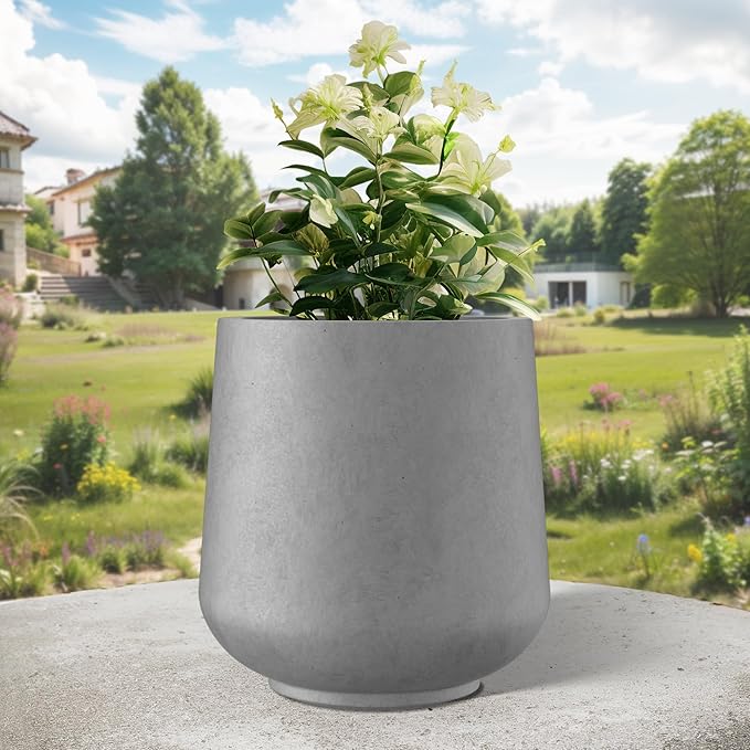 Kante 15.3" Dia Round Concrete Planter, Outdoor Indoor Large Plant Pots Containers with Drainage Hole and Rubber Plug for Home Garden Patio, Gray Concrete