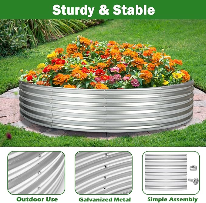 OUSHENG 4x4x1ft Round Galvanized Raised Garden Beds Outdoor, Steel Fire Pit Ring Flower Planter Large Metal Above Ground Boxes Kit for Gardening Vegetables Outside
