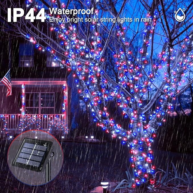 JMEXSUSS 2 Pack Red White and Blue Solar Lights, 200LED 75.5ft Patriot Solar String Lights Outdoor Waterproof, 8 Modes 4th of July Light for Independence Day Patio Garden Tree Decorations