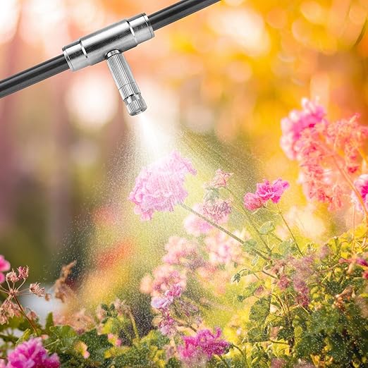 Mornajina 27Pcs Slip-Lock Misting Nozzle Tees with Slip Connector for 3/8 inch Drip Irrigation Tubing Kit, Including 11pcs Mister Nozzles Orifice 0.016", 16pcs 3/8" Brass Slip Connector, High Pressure