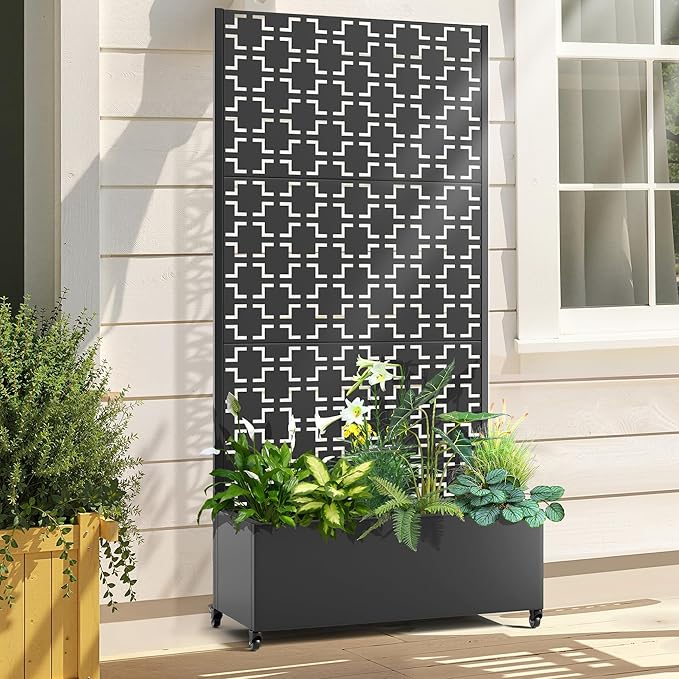 Raised Garden Bed with Trellis and Wheels,73"x35"x16" Metal Raised Garden Bed,Black Squared Metal Planter with Climbing Trellis for Vines & Vegetables