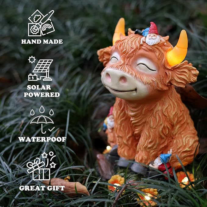 Solar Garden Statue Highland Cow Figurine with Funny Gnomes Garden Outdoor Decor for Yard Patio Lawn Christmas Housewarming Gifts for Women,Mom,Grandma