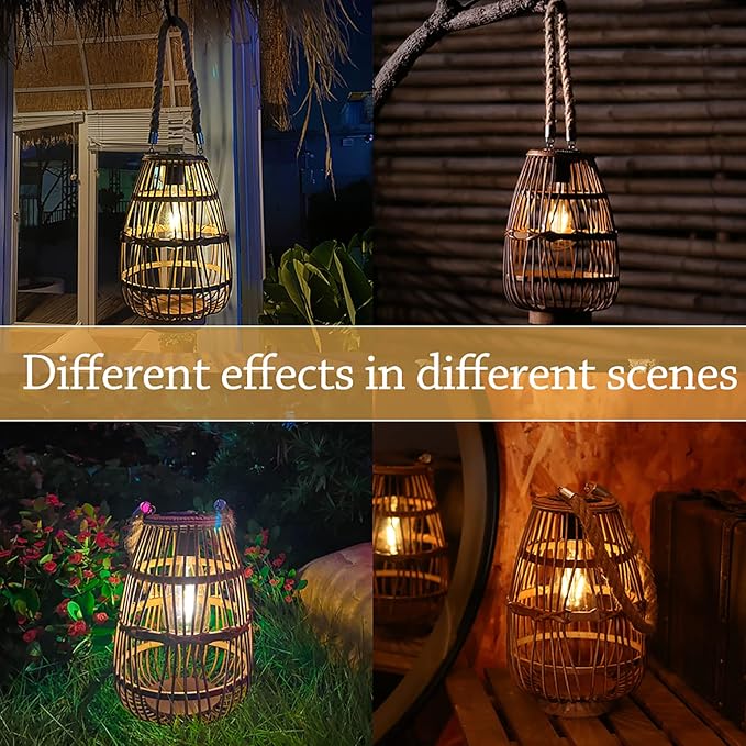 pearlstar Outdoor Solar Lanterns Light Rattan Natural Lantern with Handle for Hanging or Table Lamp for Patio Yard Garden Wedding Home Decoration, Edison Bulb, Auto on/Off(Style 1)