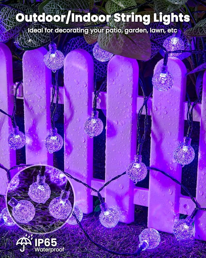 Brightown Purple Solar Halloween Lights Outdoor 60 Led 36 Feet Crystal Globe String Lights with 8 Lighting Modes, Waterproof Solar Powered Patio Lights for Garden Yard Porch Decor (Purple)