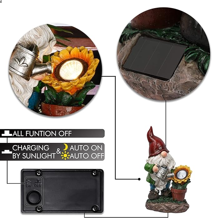TERESA'S COLLECTIONS Sunflower Garden Gnomes Decorations for Yard with Solar Lights, Cute Resin Garden Sculptures & Statues for Outdoor Patio Lawn Ornaments,Ideal Gifts for Mom Women and Man, 11.4"