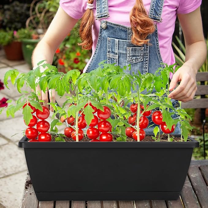 12Pcs 17Inches Rectangle Planter Box with Drainage Holes and Trays Plastic Planters Flower Boxes Pots for Indoor Outdoor Plants Patio Garden Home Decor Porch Yard (Black)