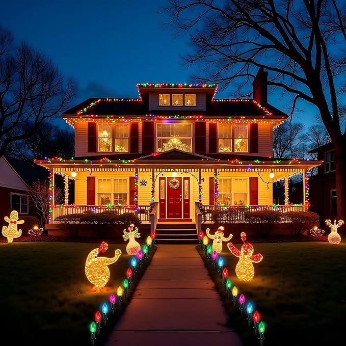 C9 Christmas Pathway String Lights Outdoor, 38Ft 25 Multicolor Marker Stakes, Yard Decorations for Walkway Lawn Sidewalk Driveway Holiday Christmas Decor