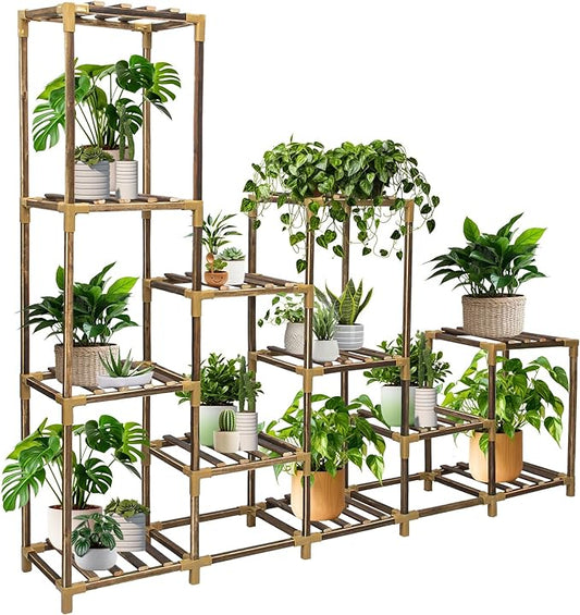 Plant Stand Indoor Outdoor, 12 Tier Plant Shelf for Multiple Plants, Large Wood Plant Shelf Combo Ideal for Gardens, Patios, and Lawns