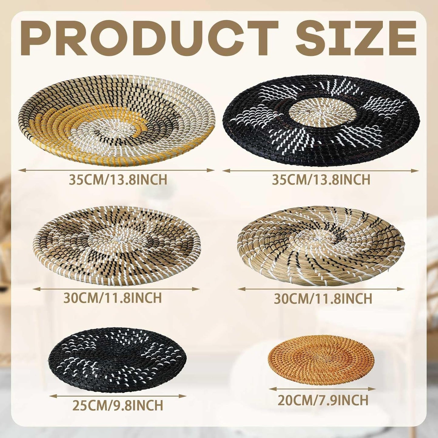 Xuhal Set of 8 Hanging Woven Wall Basket Handmade Decorative Rustic Boho Basket Decor Handcrafted Wicker Round Seagrass Wall Art for Home Kitchen Farmhouse Table Living Room(Vintage)