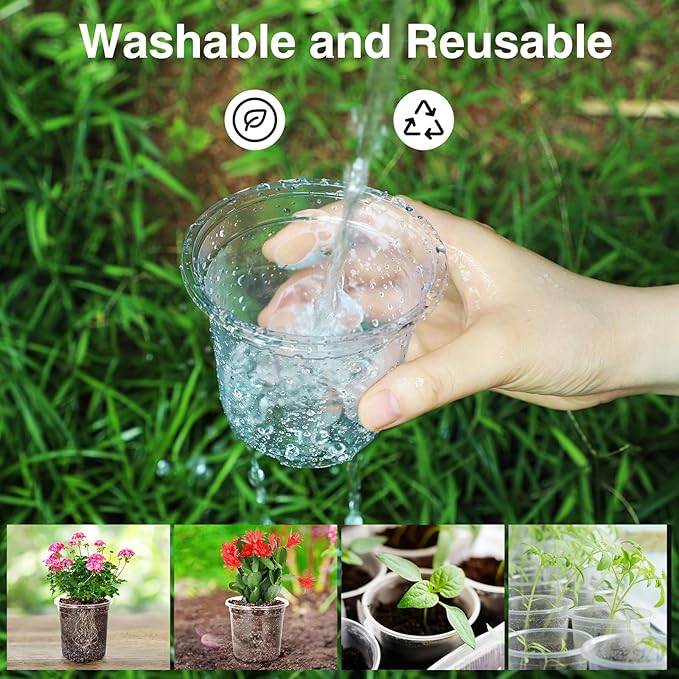 Bonviee Nursery Pots for Plants, 30-Pack 5-Inch Plastic Seedling Pots with Drainage Holes, and 10 Plant Labels, Ideal for Seed Starters and Flowers -Clear