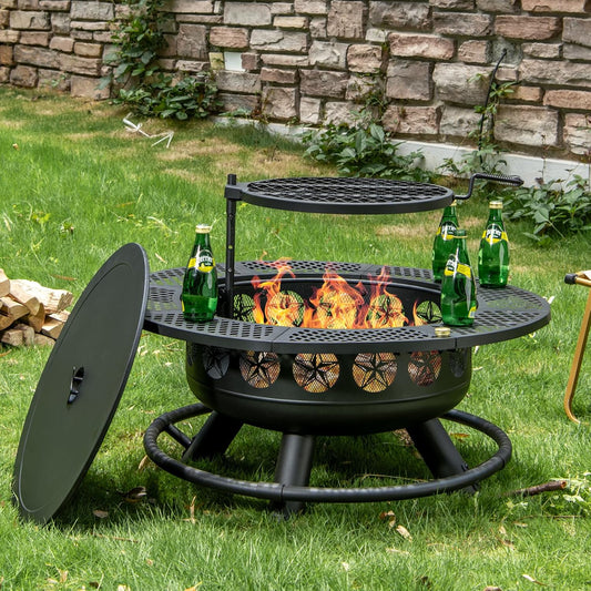 Fire Pit with Cooking Grill,Outdoor Wood Burning BBQ Firepit with Lid, 3-in-1 Outdoor Fire Pit for Backyard Deck Bonfire Patio Picnic