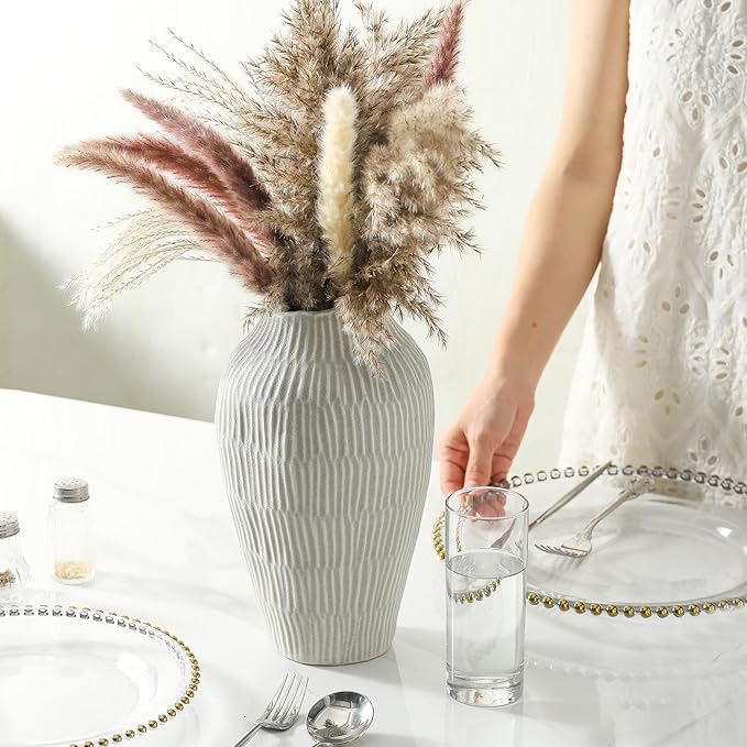 Ceramic Vase for Home Decor,11.6 Inch Flower Vases,Decorative Blue Vase for Pampas Grass,Modern Art Texture Vases for Home Entryway Living Room Dining Table Farmhouse Office Decor(Grey)