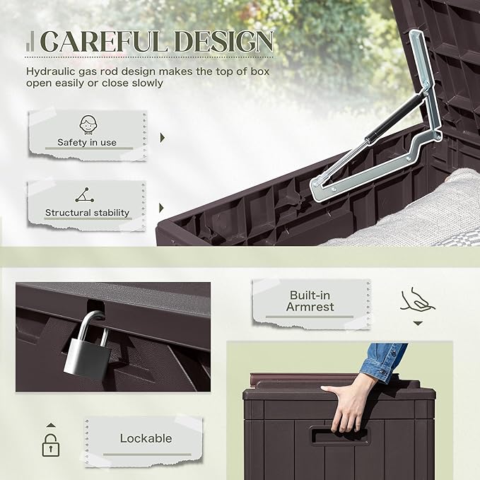 Greesum 100 Gallon Resin Deck Box Large Outdoor Storage with Cushions for Patio Furniture, Garden Tools, Pool Supplies, Weatherproof and UV Resistant, Lockable, Dark Brown