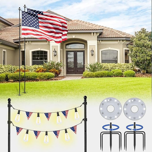 ZMTECH 2 Packs 10 FT Heavy Duty Flag Pole in Ground with Solar Light, Flag Pole Holder for Outside House with Solar Light and 5 Pronges Base, Flag Pole Kit for Outdoor Garden Decor(Without Flag)
