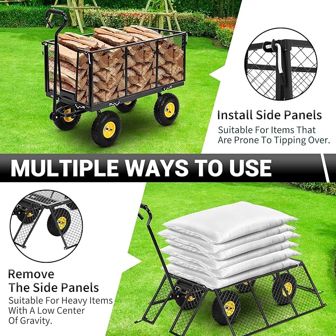 Heavy Duty Steel Garden Cart, 1100LBS Pullable Metal Garden Wagon with 10" Wheels, 180° Rotating Handle and Removable Sides for Outdoor, Farm, Yard, Beach ﻿