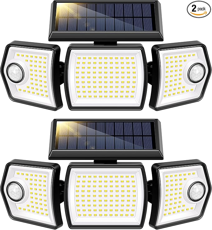 VIVOHOME Linkable Solar Lights Outdoor, Dual Roating Motion Sensor Flood Lights Solar Powered Security Light with 3 Heads, 2500LM, IP65 Waterproof for Outside, Yard, Garage, Wall, Patio, 2 Pack