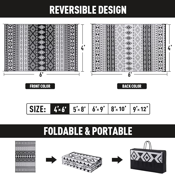 WILDROOTS 4x6 Feet Black and White Plastic Outdoor Rug, Stain Resistant Waterproof Reversible Outdoor Patio Rug, Fade Resistant Camping Rug