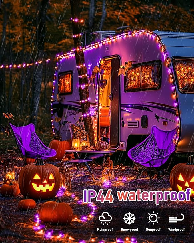 JMEXSUSS 2 Pack Solar Halloween Lights, Total 66FT 200 LED Orange and Purple Halloween Lights Outdoor Waterproof, 8 Mode Black Wire Solar String Lights for Tree Yard Spooky Party Halloween Decorations