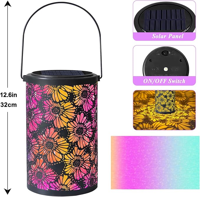 Solar-Powered Iron Art Lantern - Two Lighting Modes Waterproof Hanging Ambiance Lighting for Gardens & Patios, Perfect as Decorative Gift Housewarming Gift Mom Gifts (Flower)