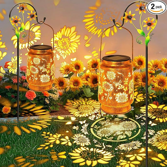 2 Pack Solar Lanterns Outdoor Garden Decor with Shepherd Hook, Gardening Gifts for Mom Grandma Women Sunflower Metal Decor Lantern Waterproof Solar Lights LED Decorative for Garden Yard Patio
