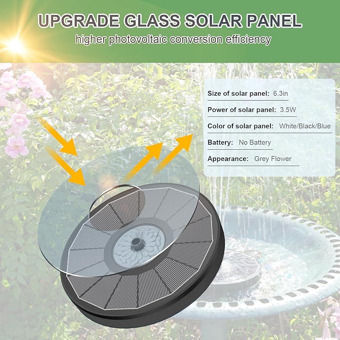 Solar Fountain Upgraded High Efficiency Glass Solar Panel, Solar Bird Bath Fountains with Flower No Battery,Solar Water Pump Fountain for Bird Bath Garden Small Ponds Outdoor Décor(Black)