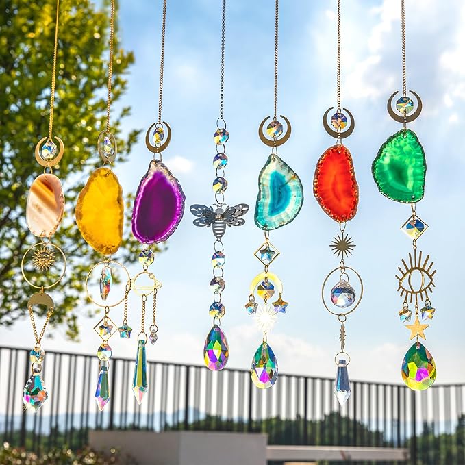 7 PCS Crystal Suncatcher, Hanging Suncatchers with Crystals Light, Sun Catchers Indoor Window Catcher with Prism Pendants Agate Slices,Tree of Life Crystal Suncatchers Indoor Outdoor Home Garden Decor