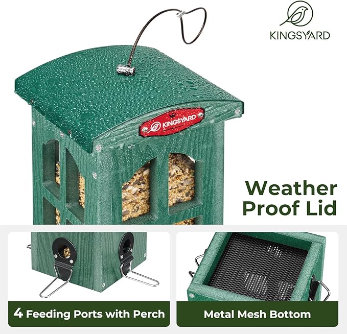 Kingsyard Upgraded Rainproof Bird Feeder for Outdoor Hanging - Metal Feeding Port, Recycled Plastic Wild Bird Feeder with Metal Mesh Tray for Goldfinch Small Bird, Garden Yard Decoration, Green