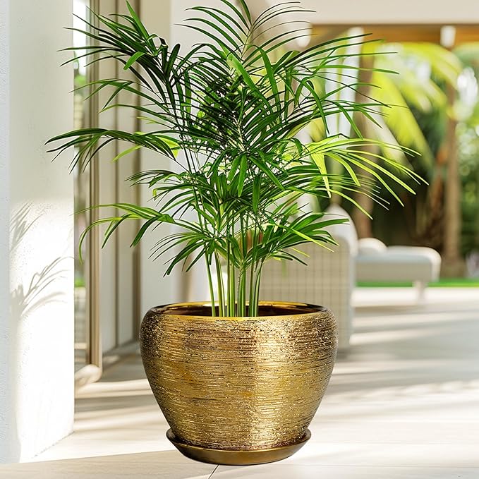Ceramic Planter 10 Inch - Indoor Plant Pot with Drainage Hole and Saucer Large Decorative Planter Mid-Century Modern Flower Pot Outdoor for Home Decor Gold