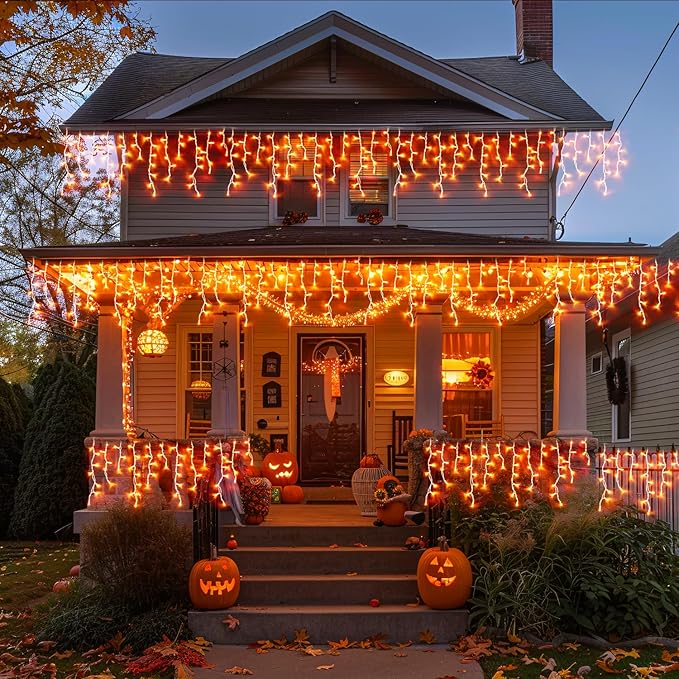 JMEXSUSS Orange Lights for Thanksgiving, 400 LED Orange Icicle Lights Outdoor, 8 Modes Orange Lights with 80 Drops Thanksgiving String Lights Plug in for Fireplace Indoor House Roof Outdoor Holiday
