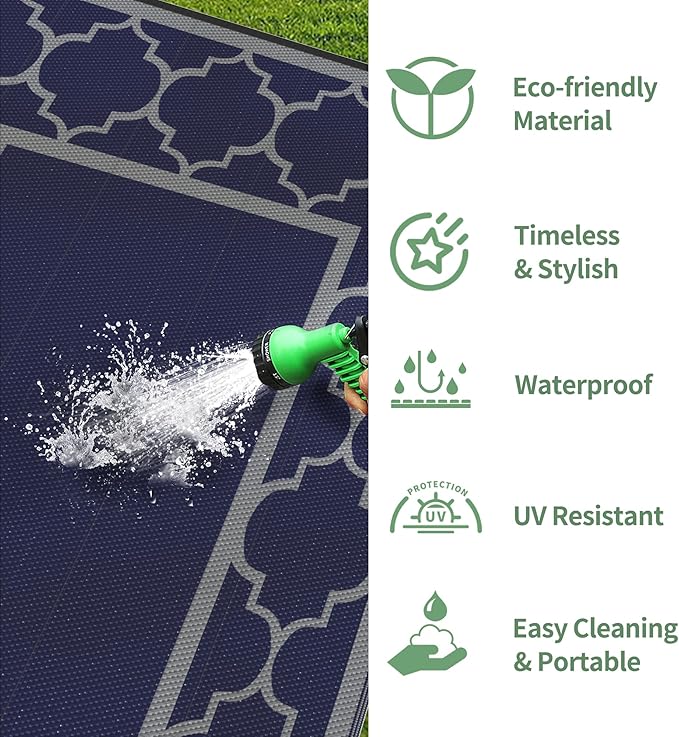 GENIMO 10 'x20 ' Outdoor Rug for Patio Clearance, Waterproof Indoor Outdoor Plastic Straw Rugs Carpet, Reversible Outside Area Rv Mat for Camping, Balcony Porch, Deck, Picnic, Beach (Blue & Grey)