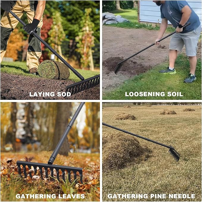 Pragmatist Bow Rake Heavy Duty 60" Metal Head Garden Rake with Adjustable Stainless Steel Handle Garden Tool for Loosening Soil Leveling Mulch Gathering Leaf