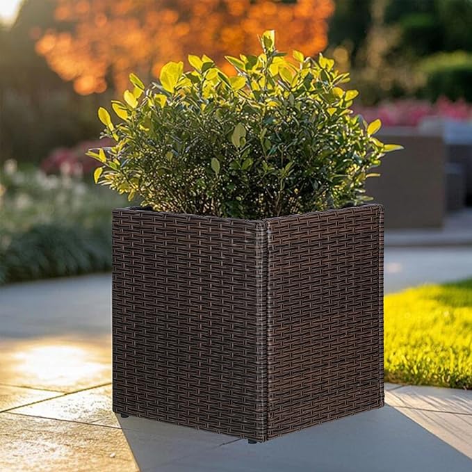 LEWIS&WAYNE Large Square Planter Box Handmade Wicker Tall Planters for Outdoor Plants with Removable Liners Modern Planter for Indoor Outdoor Garden Patio Front Porch - Brown, 17''x17''x18''