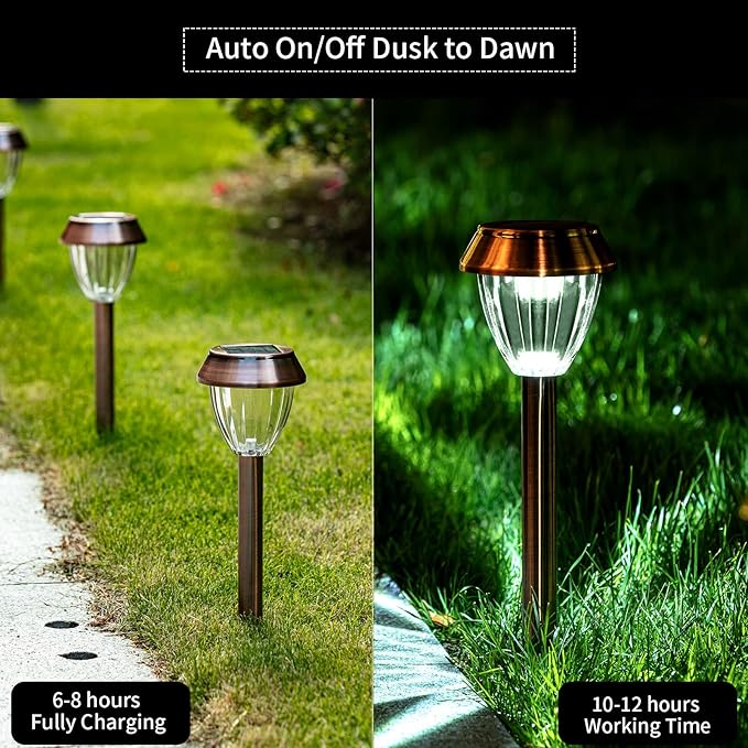 Solar Pathway Lights Outdoor Waterproof, 6 Pack Solar Outdoor Lights Bright Up to 12 Hrs, Garden Light LED Landscape Lighting Copper Stainless Steel Walkway Light, Warm White