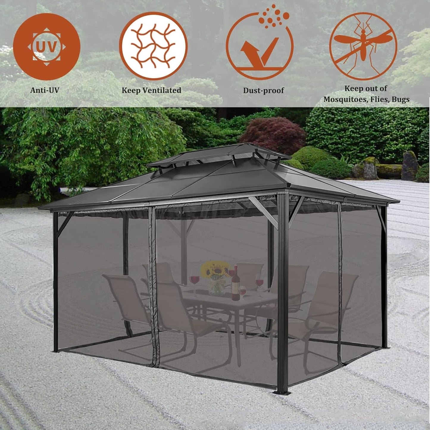 Gazebo Mosquito Netting Replacement 10' x 10' x 7'1'', Universal 4-Panel Screen Sidewall with Zipper, Black (Mosquito Net Only)