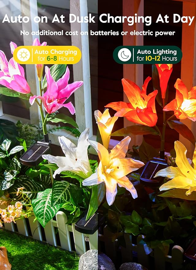 Brightown Solar Lights Outdoor, 4 Pack Solar Garden Lights with Larger & More Realistic Lily Flowers, Waterproof Outdoor Solar Lights for Yard Patio Lawn Pot Decoration