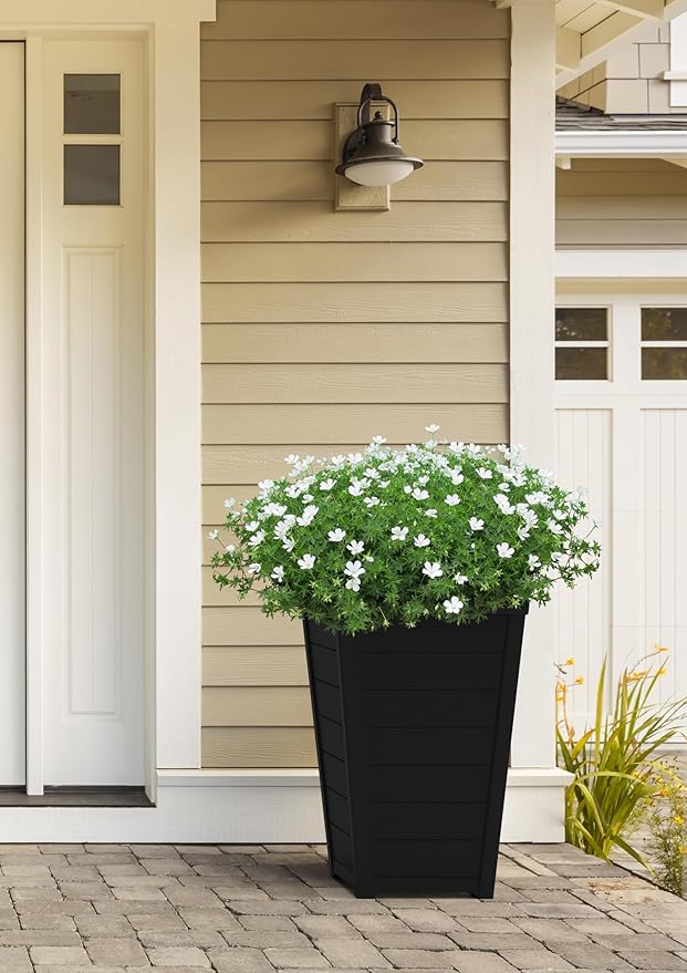 Keter Set of 2 Resin Modern Outdoor 22 Inch Tall Large Flower Pots, Tapered Wood Look Planters for Outdoor Plants and Front Porch Decor, Graphite