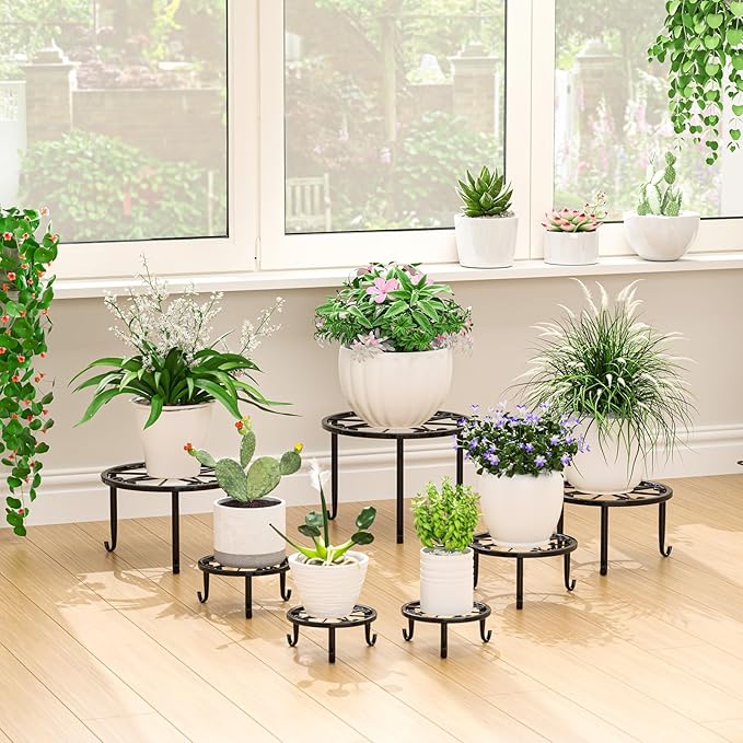 ZUIYIN 7 Pack Metal Plant Stands for Outdoor Indoor, Anti-Rust Iron Flower Pot Stands Outdoor Plant Stands, Indoor Floor Plant Holder Heavy Duty Plant Shelf for Patio, Home Garden Decor Racks(Black)