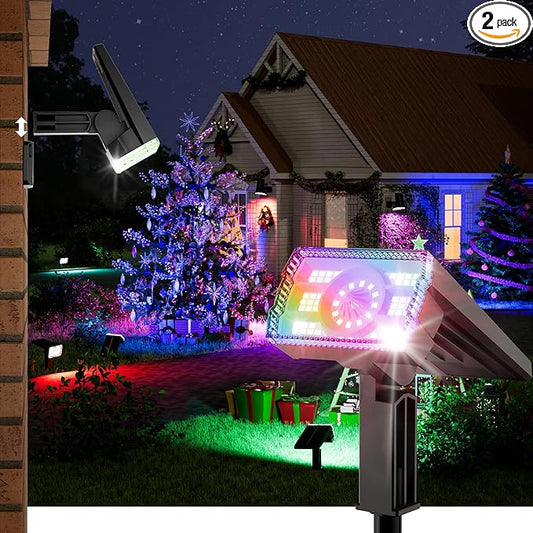 Solar Spot Lights Outdoor, 58 LED 8 Color Modes Solar Lights Outdoor, Multicolor RGB Flood Light Waterproof IP67, 2-in-1 Wall Light for Tree Garden Pathway (Multicolor, 2 Pack)