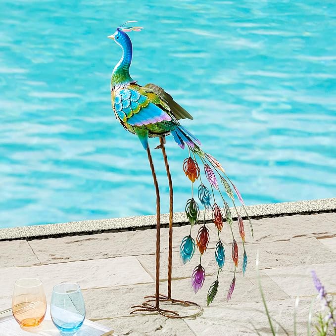 Glitzhome Metal Standing Peacock Garden Statue with Stakes Outdoor Decoration, 32" H