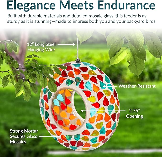 Sunnydaze 6-Inch Glass Mosaic Hanging Bird Feeder for Outdoors - Fly-Through Wild Bird Feeder - Confetti Mosaic