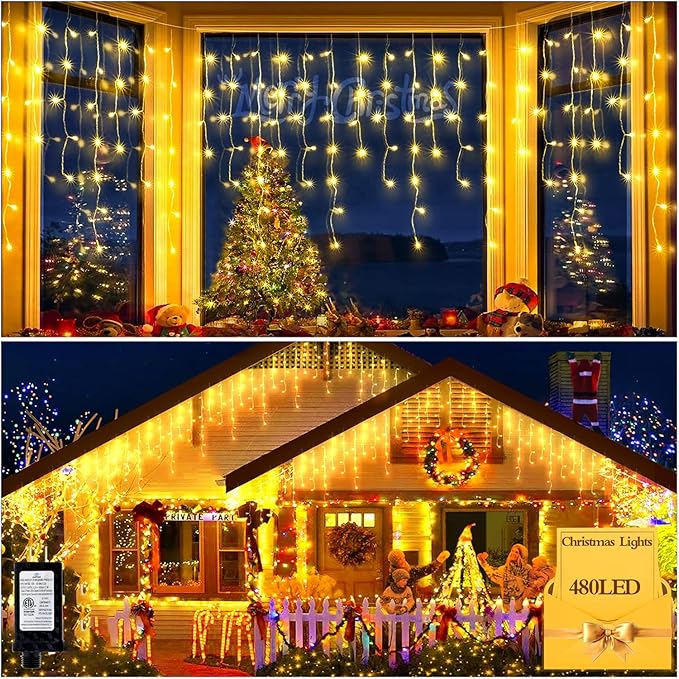 480 LED 49FT Christmas Lights Plug in 8 Modes with Timer Dimmable Christmas Decorations Outdoor Waterproof Indoor Curtain String Lights for Roof Garden Holiday Wedding Party Decor Warm White