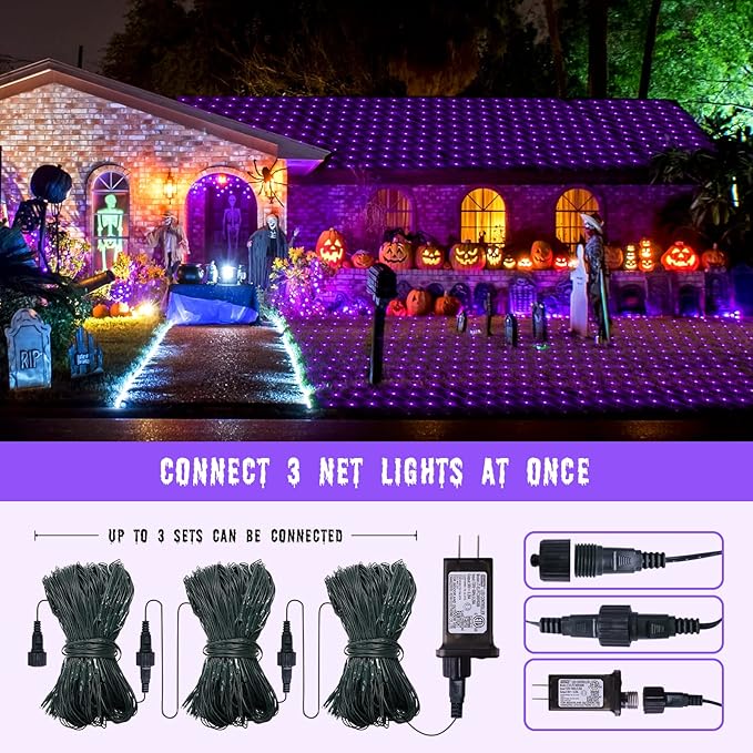Purple Christmas Net Lights Outdoor - 360 LED Net Lights Waterproof with Remote, 12x5 ft Extendable 8 Modes Christmas Net Lights with Green Wire for Bushes Lawn Garden Shrubs Tree Backyard Decorations