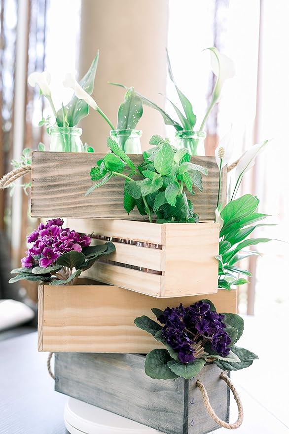 Wooden Planter Box with Handle, Rose Wood, Plastic Liner l Garden Decor l Restaurant and Wedding Decorations l Wedding Bouquets, Table Centerpiece, 12 x 4 Inches, (12x4 w Handle Set of 4, Rose Wood)