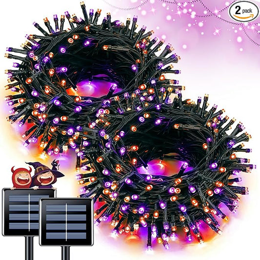 JMEXSUSS Orange and Purple Solar Halloween Lights, 2 Pack Each 100 Led Solar String Lights Outdoor Waterproof for Halloween Tree Christmas Decoration