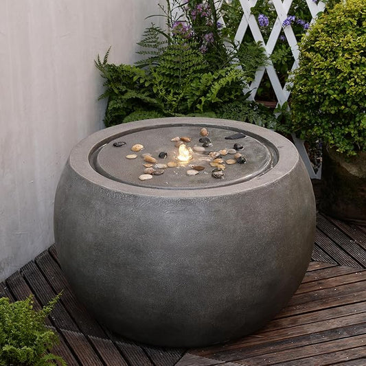 Garden Water Fountain Outdoor Large Round Bubbler Water Feature Indoor with Lights & Pump and Pebbles Concrete Effect for Patio Pool Pond Yard Home Decor Gray, 25 "L X 25" W X 17.5" H