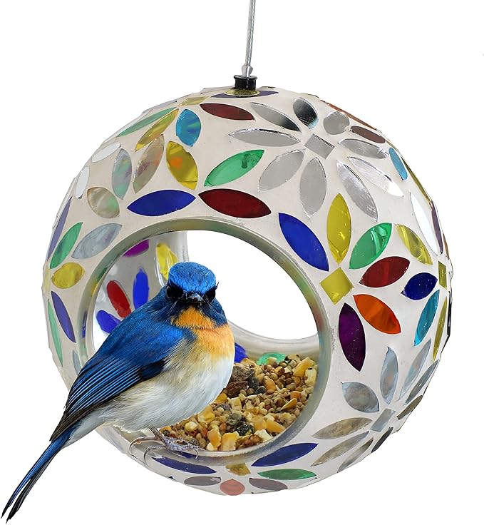 Sunnydaze 6-Inch Glass Mosaic Hanging Bird Feeder for Outdoors - Fly-Through Wild Bird Feeder - Rainbow Daisies