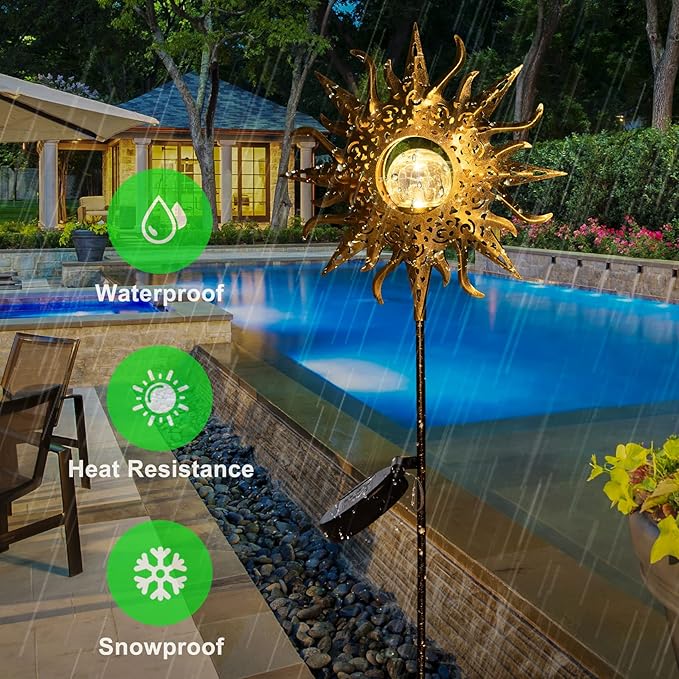 HOMEIMPRO Large Sun Solar Garden Decor Lights Outdoor Garden Gifts Mom Dad, Crackle Glass Metal Stake,Yard Decorations, Waterproof LED Lights for Lawn Patio Ornaments, Mothers Day Gifts for Women